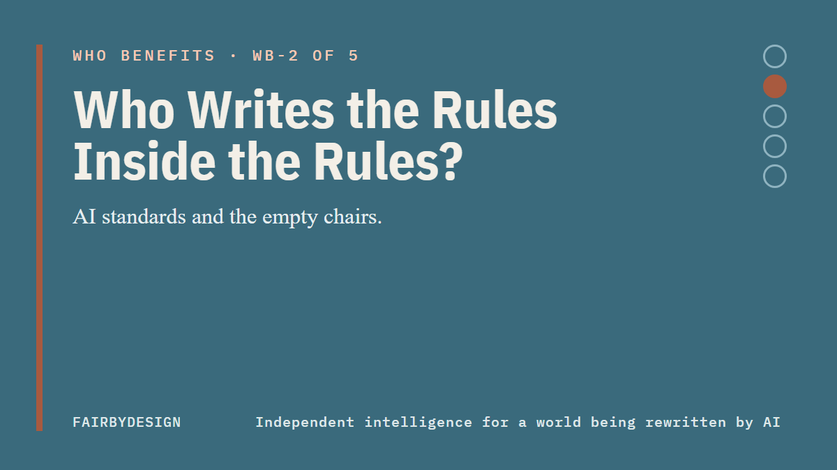 FairByDesign Who Benefits title card: “Who Writes the Rules Inside the Rules?”
